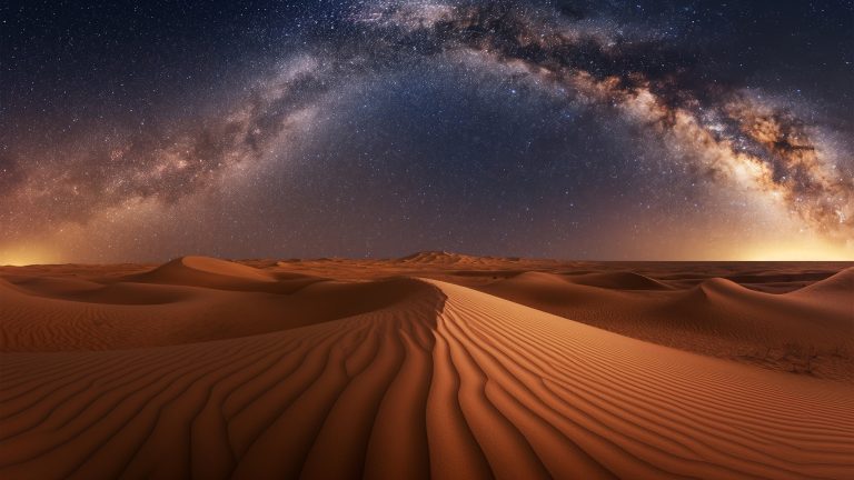 Astrophotography,Photography,,A,Vast,Desert,Under,A,Starry,Night,Sky, Astrophotography photography, A vast desert under a starry night sky, the Milky Way brightly visible above undisturbed sand dunes, emphasizing the solitude and scale of the desert,; Shutterstock ID 2476992073; purchase_order: Content Calendar; job: ; client: GoLearning; other: